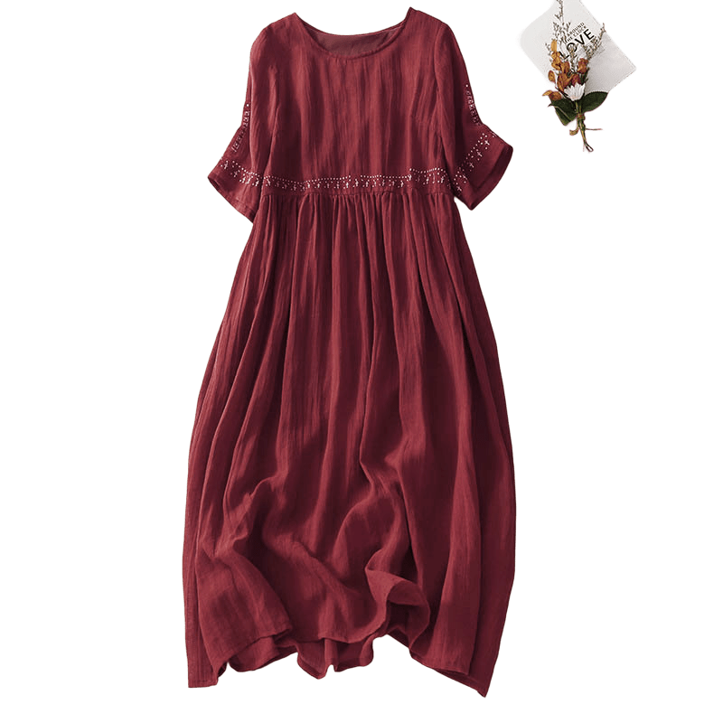 Robe midi en coton à manches courtes et broderies de Buddha Stones de couleur unie - image 21