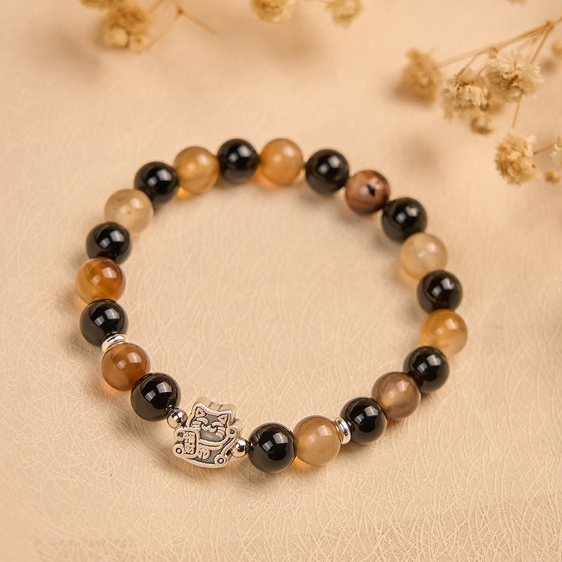 Bracelet Buddha Stones en argent sterling 925, motif écaille de tortue, chat, agate rayée marron clair, onyx noir - image 2