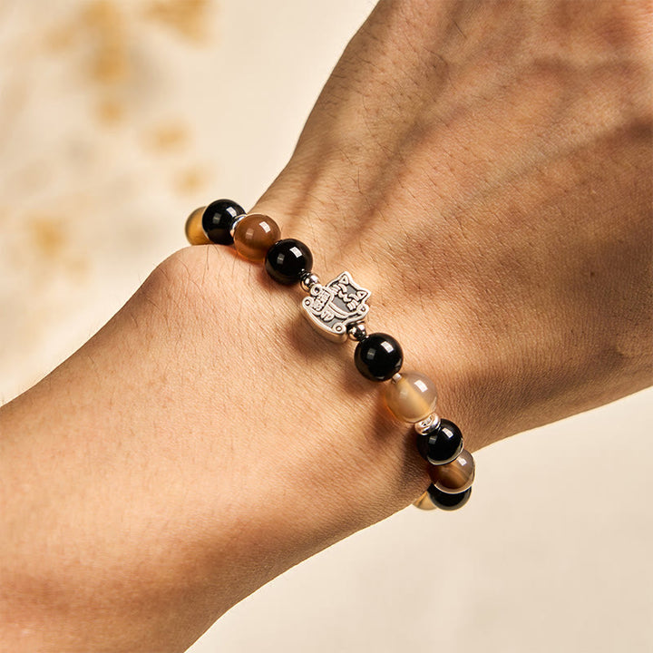 Bracelet Buddha Stones en argent sterling 925, motif écaille de tortue, chat, agate rayée marron clair, onyx noir - image 5