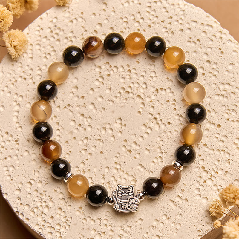 Bracelet Buddha Stones en argent sterling 925, motif écaille de tortue, chat, agate rayée marron clair, onyx noir - image 3