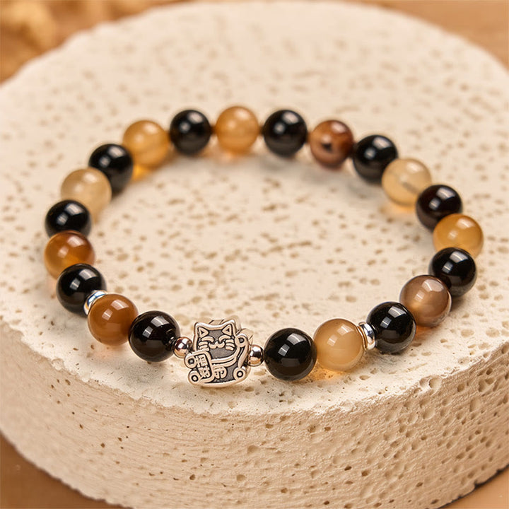 Bracelet Buddha Stones en argent sterling 925, motif écaille de tortue, chat, agate rayée marron clair, onyx noir - image 4