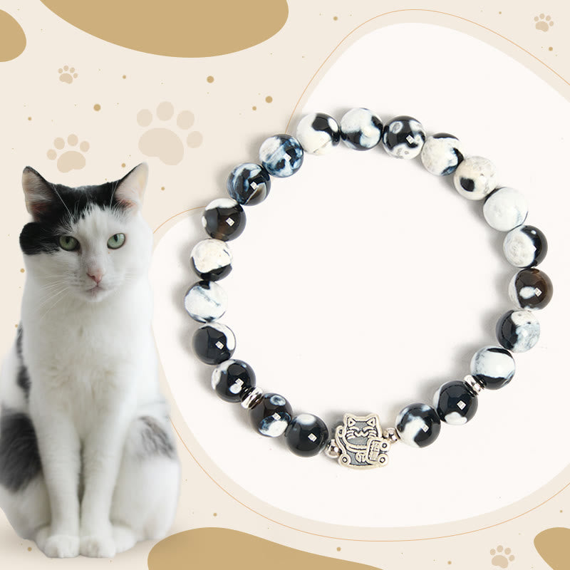 Bracelet d'amour en argent sterling 925 avec Buddha Stones - Chat noir et blanc (tour de poignet 15-16 cm) - image 1