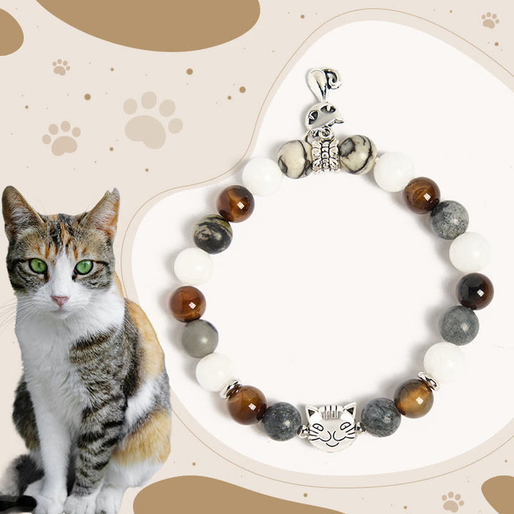 Bracelet de force en Buddha Stones, chat tricolore, jaspe veiné noir, agate rayée marron, calcédoine - Chat tricolore (tour de poignet 15-16 cm) - image 1