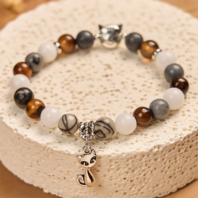Bracelet de force en Buddha Stones, chat tricolore, jaspe veiné noir, agate rayée marron, calcédoine - image 4