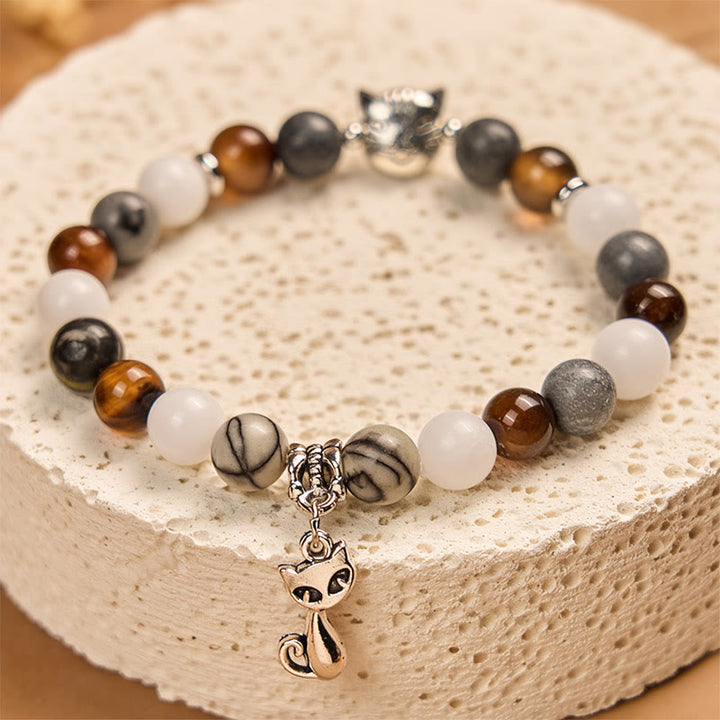 Bracelet de force en Buddha Stones, chat tricolore, jaspe veiné noir, agate rayée marron, calcédoine - image 4