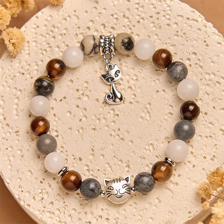 Bracelet de force en Buddha Stones, chat tricolore, jaspe veiné noir, agate rayée marron, calcédoine - image 3