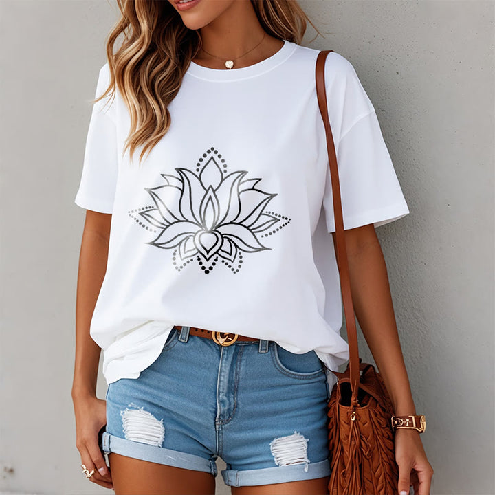 T-shirt en coton à motif simple avec Buddha Stones et fleur de lotus - image 10