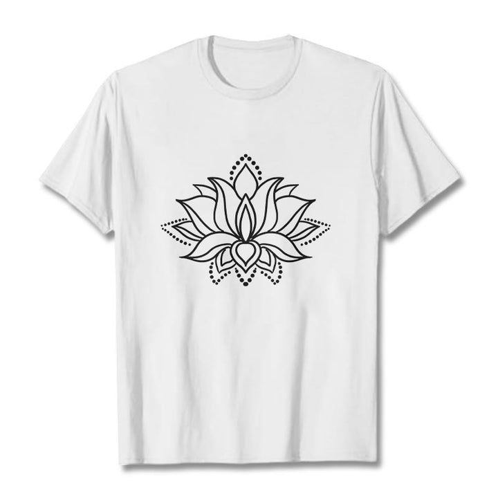 T-shirt en coton à motif simple avec Buddha Stones et fleur de lotus - Blanc - 2XL - image 8
