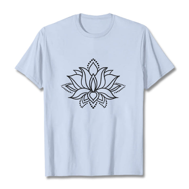 T-shirt en coton à motif simple avec Buddha Stones et fleur de lotus - Cyan clair - 2XL - image 19