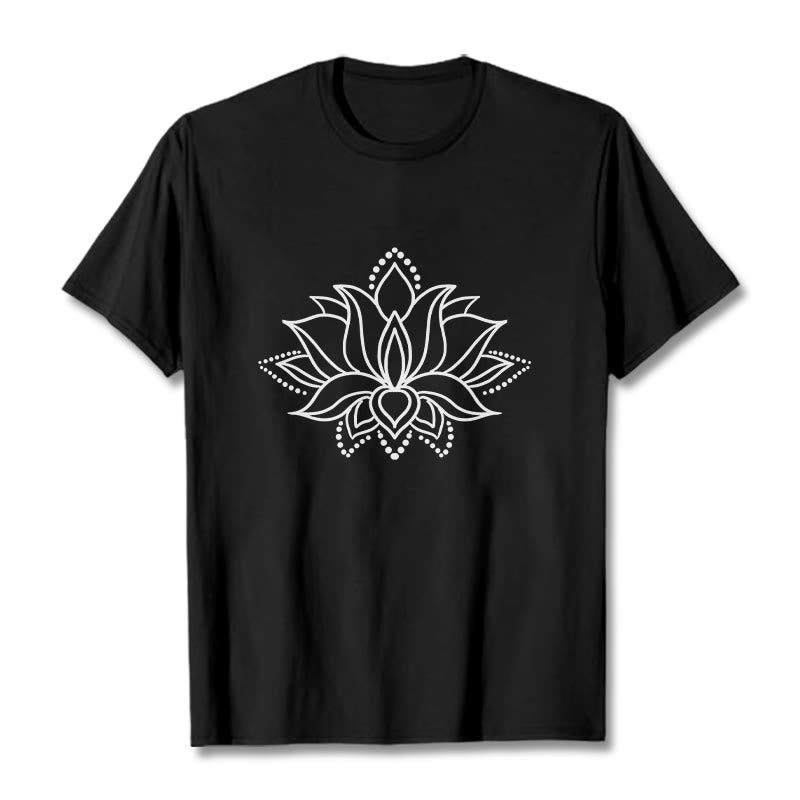 T-shirt en coton à motif simple avec Buddha Stones et fleur de lotus - Noir - 2XL - image 4