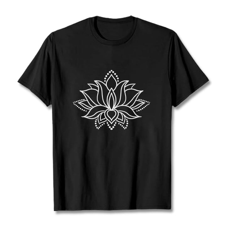 T-shirt en coton à motif simple avec Buddha Stones et fleur de lotus - Noir - 2XL - image 4