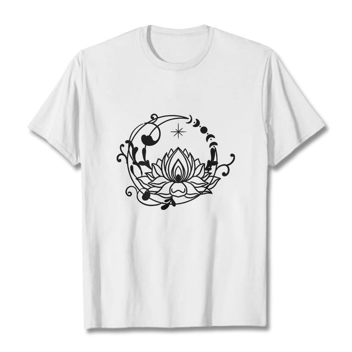 T-shirt en coton à motif de fleurs de lotus et de vignes fluides, motif simple, Buddha Stones - Blanc - 2XL - image 1