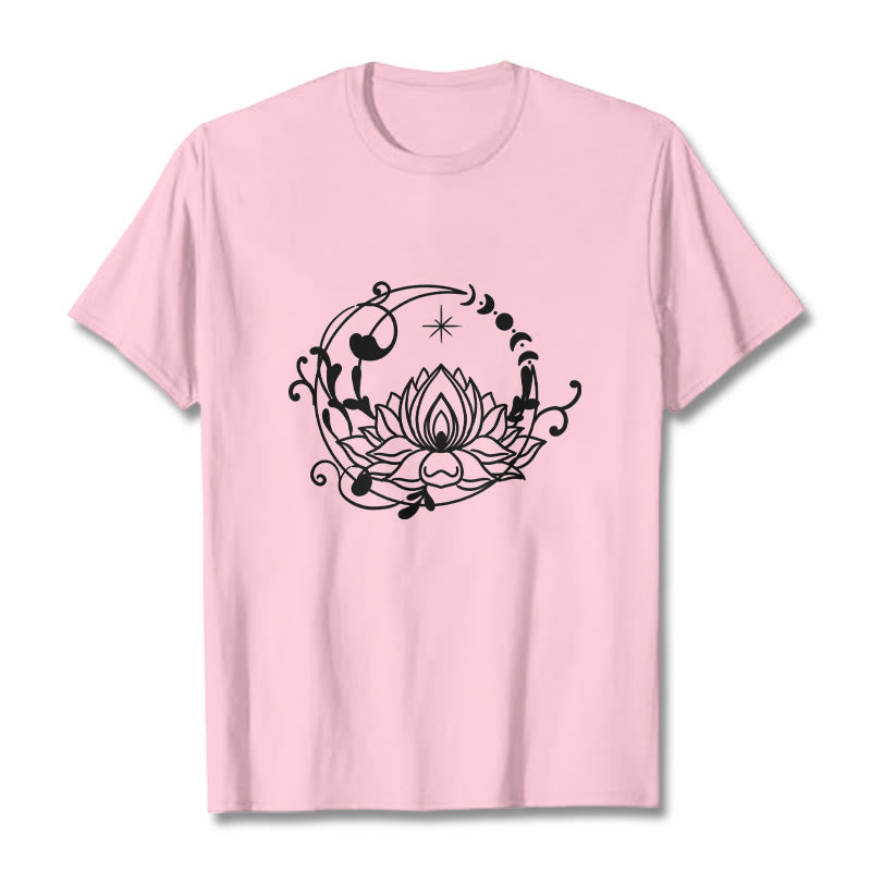 T-shirt en coton à motif de fleurs de lotus et de vignes fluides, motif simple, Buddha Stones - Rose clair - 2XL - image 13