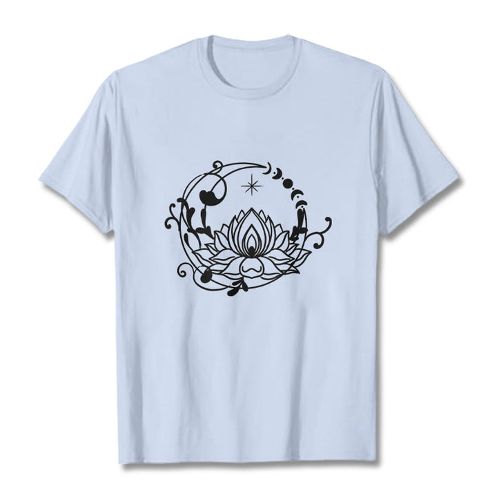 T-shirt en coton à motif de fleurs de lotus et de vignes fluides, motif simple, Buddha Stones - Cyan clair - 2XL - image 19