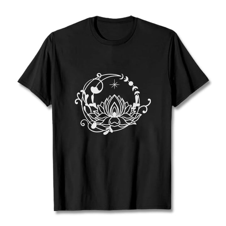 T-shirt en coton à motif de fleurs de lotus et de vignes fluides, motif simple, Buddha Stones - Noir - 2XL - image 5