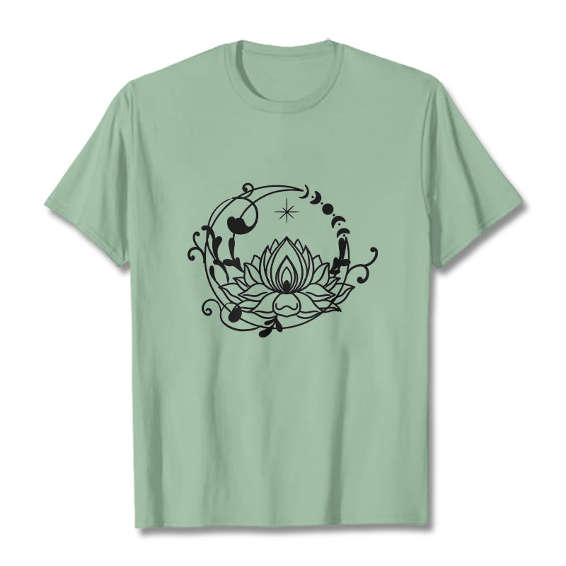T-shirt en coton à motif de fleurs de lotus et de vignes fluides, motif simple, Buddha Stones - Vert pâle - 2XL - image 15