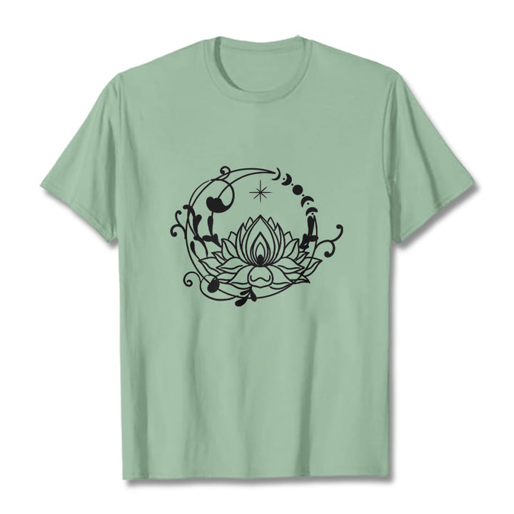 T-shirt en coton à motif de fleurs de lotus et de vignes fluides, motif simple, Buddha Stones - Vert pâle - 2XL - image 15