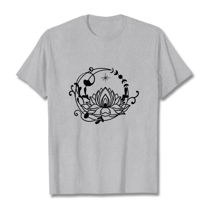 T-shirt en coton à motif de fleurs de lotus et de vignes fluides, motif simple, Buddha Stones - Gris clair - 2XL - image 20
