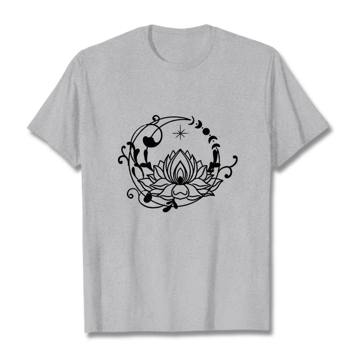 T-shirt en coton à motif de fleurs de lotus et de vignes fluides, motif simple, Buddha Stones - Gris clair - 2XL - image 20