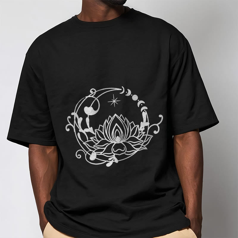 T-shirt en coton à motif de fleurs de lotus et de vignes fluides, motif simple, Buddha Stones - image 6