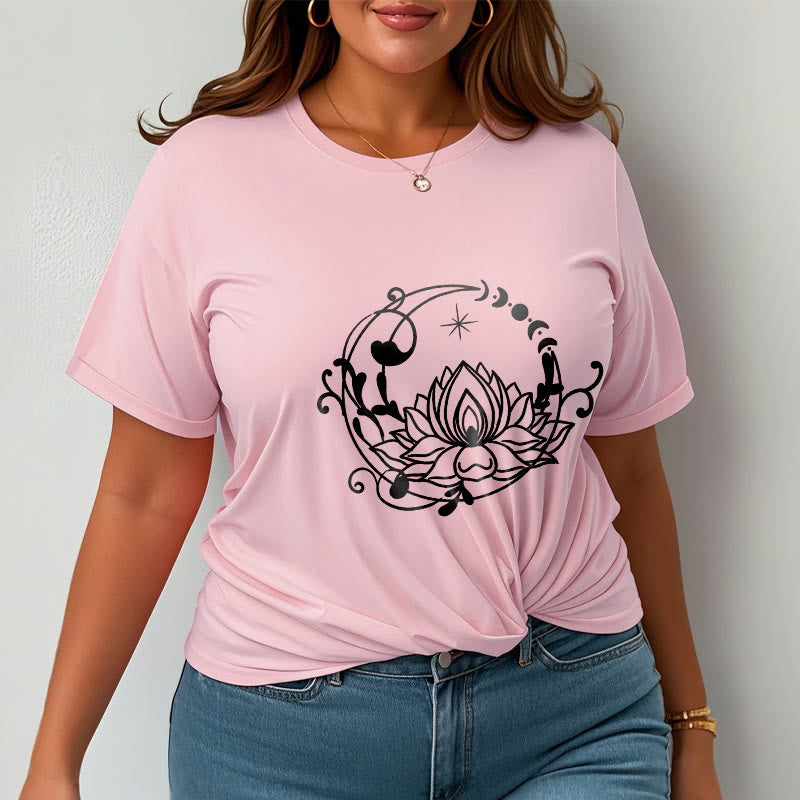 T-shirt en coton à motif de fleurs de lotus et de vignes fluides, motif simple, Buddha Stones - image 14