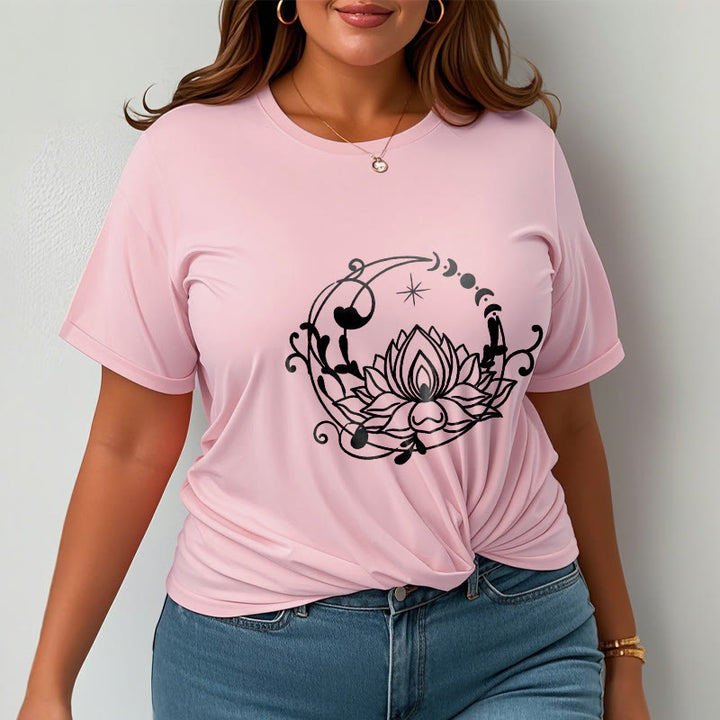 T-shirt en coton à motif de fleurs de lotus et de vignes fluides, motif simple, Buddha Stones - image 14