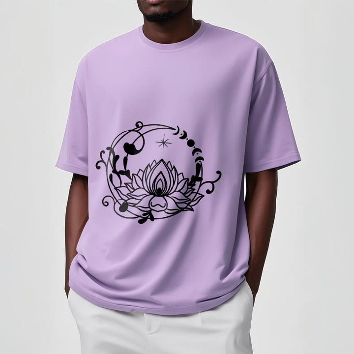 T-shirt en coton à motif de fleurs de lotus et de vignes fluides, motif simple, Buddha Stones - image 18