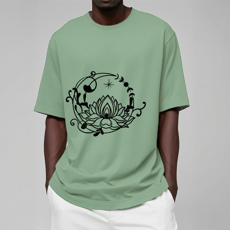 T-shirt en coton à motif de fleurs de lotus et de vignes fluides, motif simple, Buddha Stones - image 16