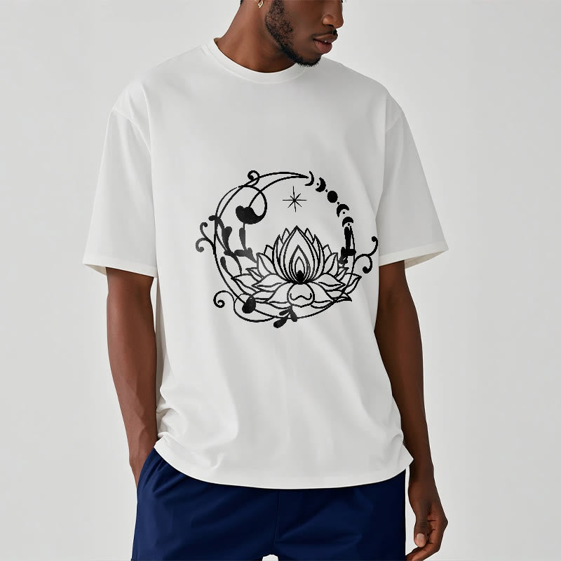 T-shirt en coton à motif de fleurs de lotus et de vignes fluides, motif simple, Buddha Stones - image 2