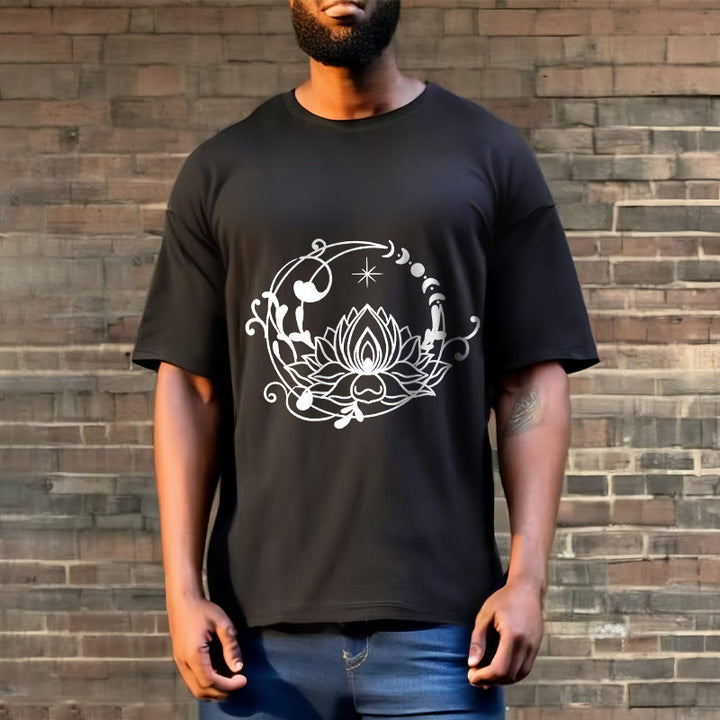 T-shirt en coton à motif de fleurs de lotus et de vignes fluides, motif simple, Buddha Stones - image 7