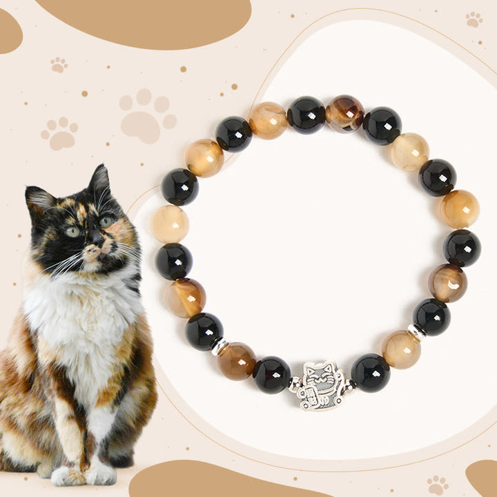 Bracelet Buddha Stones en argent sterling 925, motif écaille de tortue, chat, agate rayée marron clair, onyx noir - Chat écaille de tortue (tour de poignet 15-16 cm) - image 1