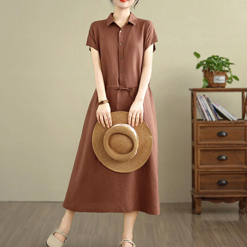 Robe Buddha Stones -longue d'été en coton et lin à manches courtes et cordon de serrage avec poches - Terre de sienne - US8-10，UK/AU12-14，EU40-42 (2XL) - image 0