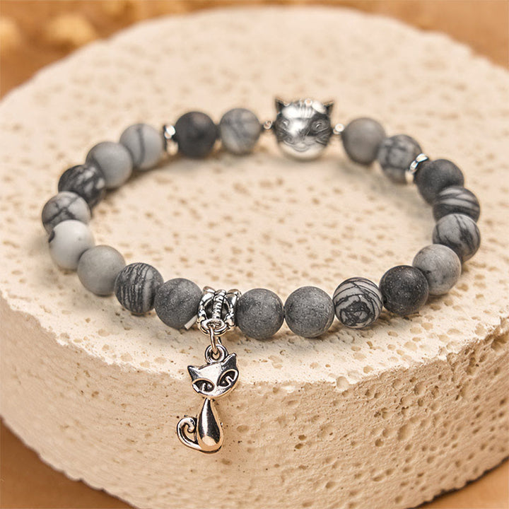 Bracelet de force en jaspe veiné noir naturel avec chat tigré gris Buddha Stones - image 3