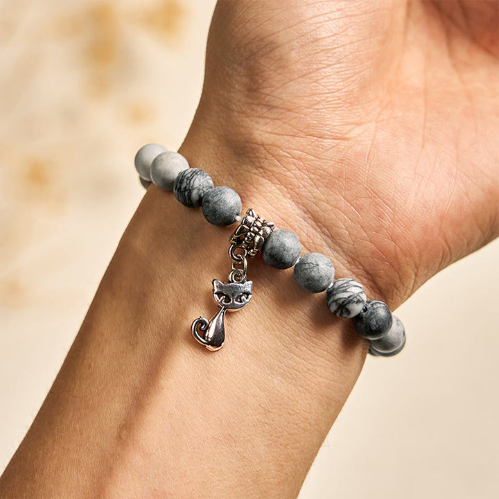 Bracelet de force en jaspe veiné noir naturel avec chat tigré gris Buddha Stones - image 5