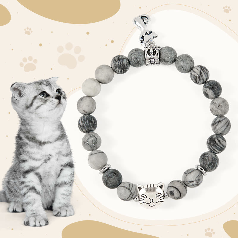 Bracelet de force en jaspe veiné noir naturel avec chat tigré gris Buddha Stones - Chat tigré gris (tour de poignet 15-16 cm) - image 1