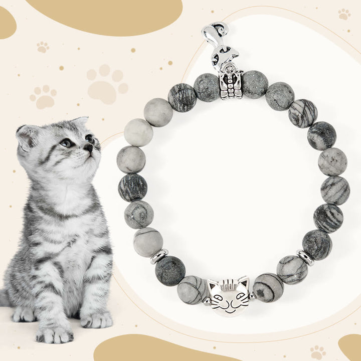 Bracelet de force en jaspe veiné noir naturel avec chat tigré gris Buddha Stones - Chat tigré gris (tour de poignet 15-16 cm) - image 1