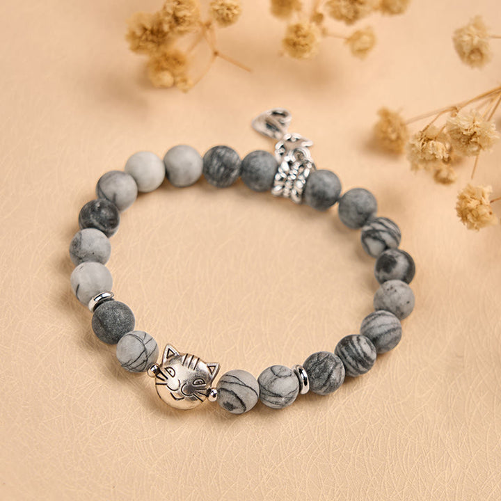 Bracelet de force en jaspe veiné noir naturel avec chat tigré gris Buddha Stones - image 4