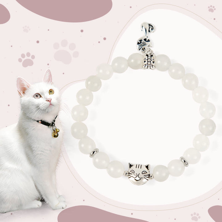Bracelet porte-bonheur en jade blanc et pierre de Buddha Stones - Chat blanc (tour de poignet 15-16 cm) - image 1