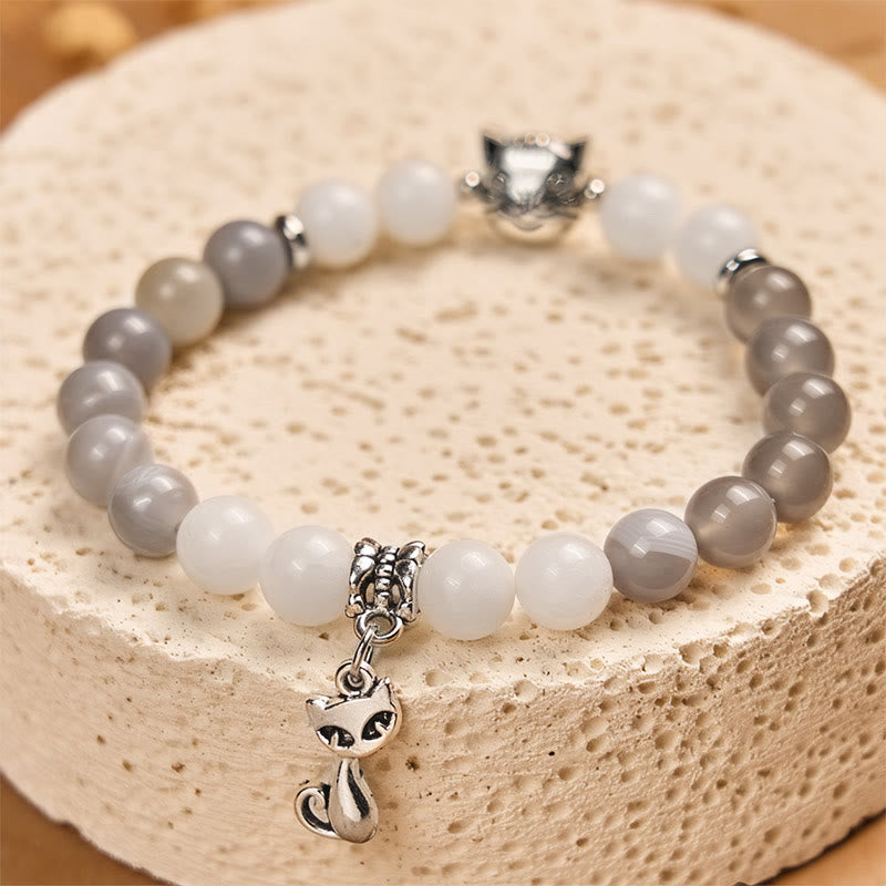 Bracelet de soutien en agate et calcédoine rayée grise avec motif chat Ragdoll et Buddha Stones - image 3