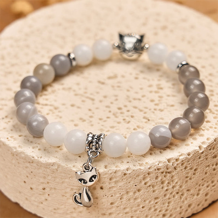 Bracelet de soutien en agate et calcédoine rayée grise avec motif chat Ragdoll et Buddha Stones - image 3