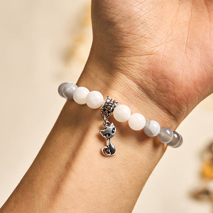 Bracelet de soutien en agate et calcédoine rayée grise avec motif chat Ragdoll et Buddha Stones - image 5