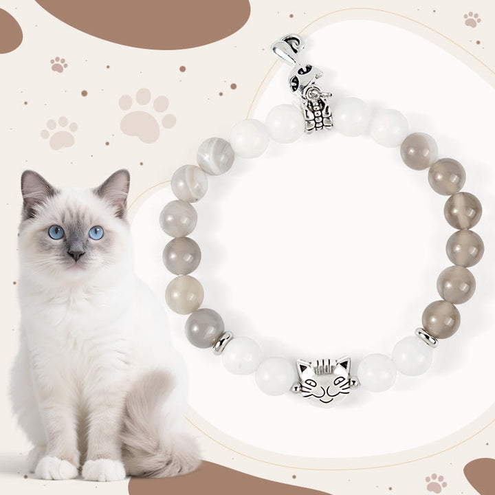 Bracelet de soutien en agate et calcédoine rayée grise avec motif chat Ragdoll et Buddha Stones - Chat Ragdoll (tour de poignet 15-16 cm) - image 1