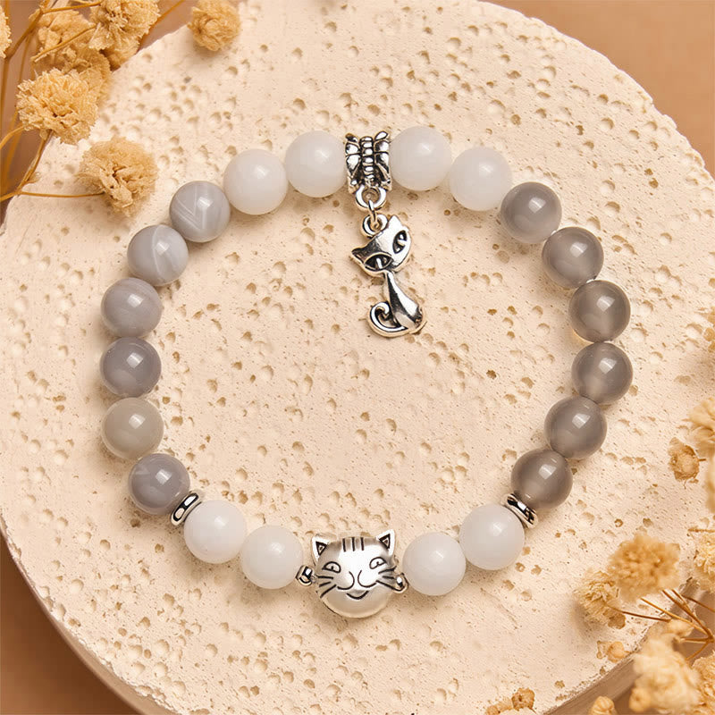 Bracelet de soutien en agate et calcédoine rayée grise avec motif chat Ragdoll et Buddha Stones - image 2