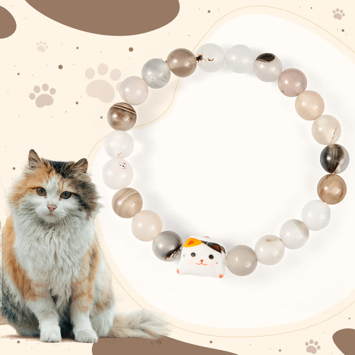 Bracelet de puissance en céramique avec tête de chaton en pierre d'agate naturelle et chat Calico de Buddha Stones - Chat Calico (tour de poignet 15-16 cm) - image 1