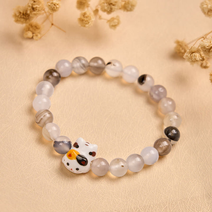 Bracelet de puissance en céramique avec tête de chaton en pierre d'agate naturelle et chat Calico de Buddha Stones - image 4