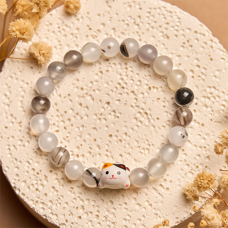 Bracelet de puissance en céramique avec tête de chaton en pierre d'agate naturelle et chat Calico de Buddha Stones - image 2