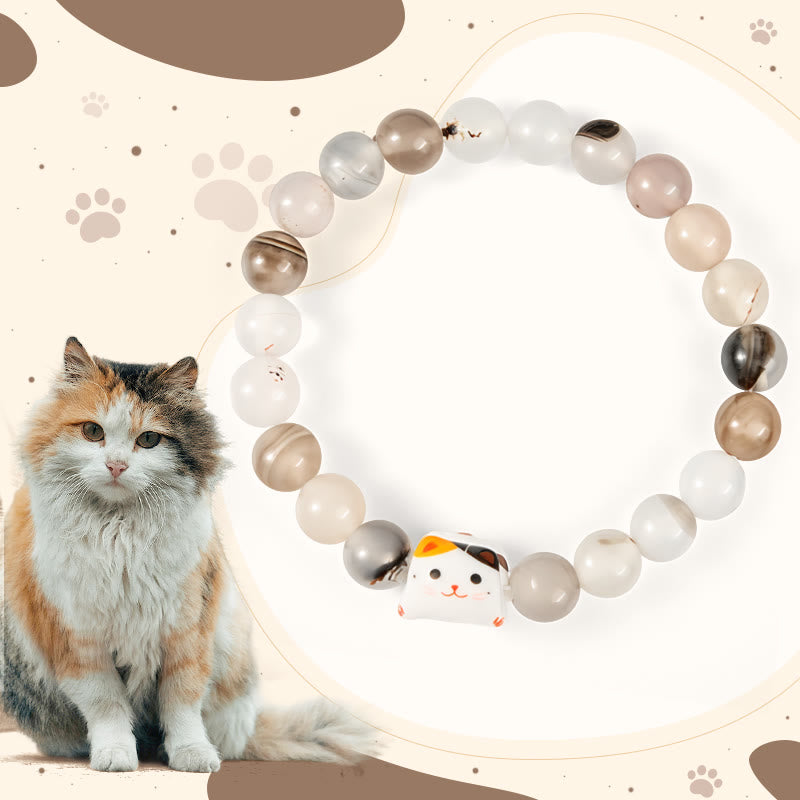 Bracelet de puissance en céramique avec tête de chaton en pierre d'agate naturelle et chat Calico de Buddha Stones - Chat Calico (tour de poignet 15-16 cm) - image 0