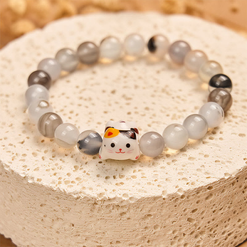 Bracelet de puissance en céramique avec tête de chaton en pierre d'agate naturelle et chat Calico de Buddha Stones - image 3