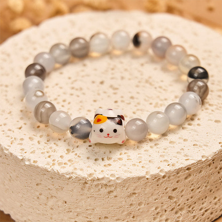 Bracelet de puissance en céramique avec tête de chaton en pierre d'agate naturelle et chat Calico de Buddha Stones - image 3