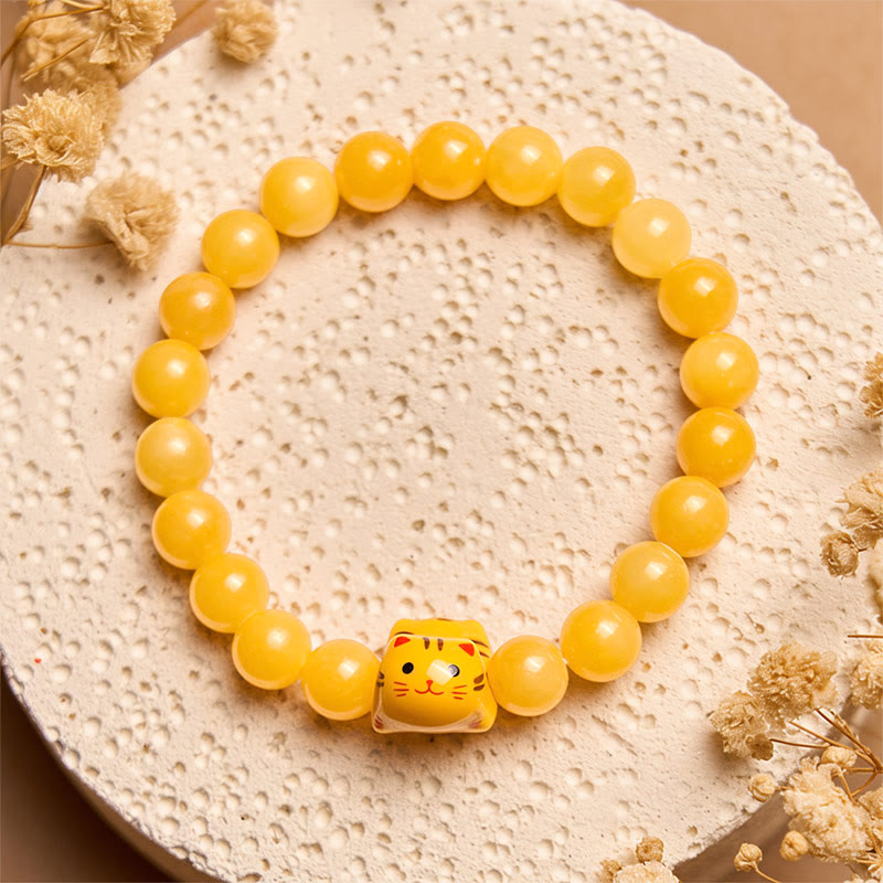 Bracelet Buddha Stones Chat tigré orange Calcédoine jaune Céramique Chaton Joy - image 2